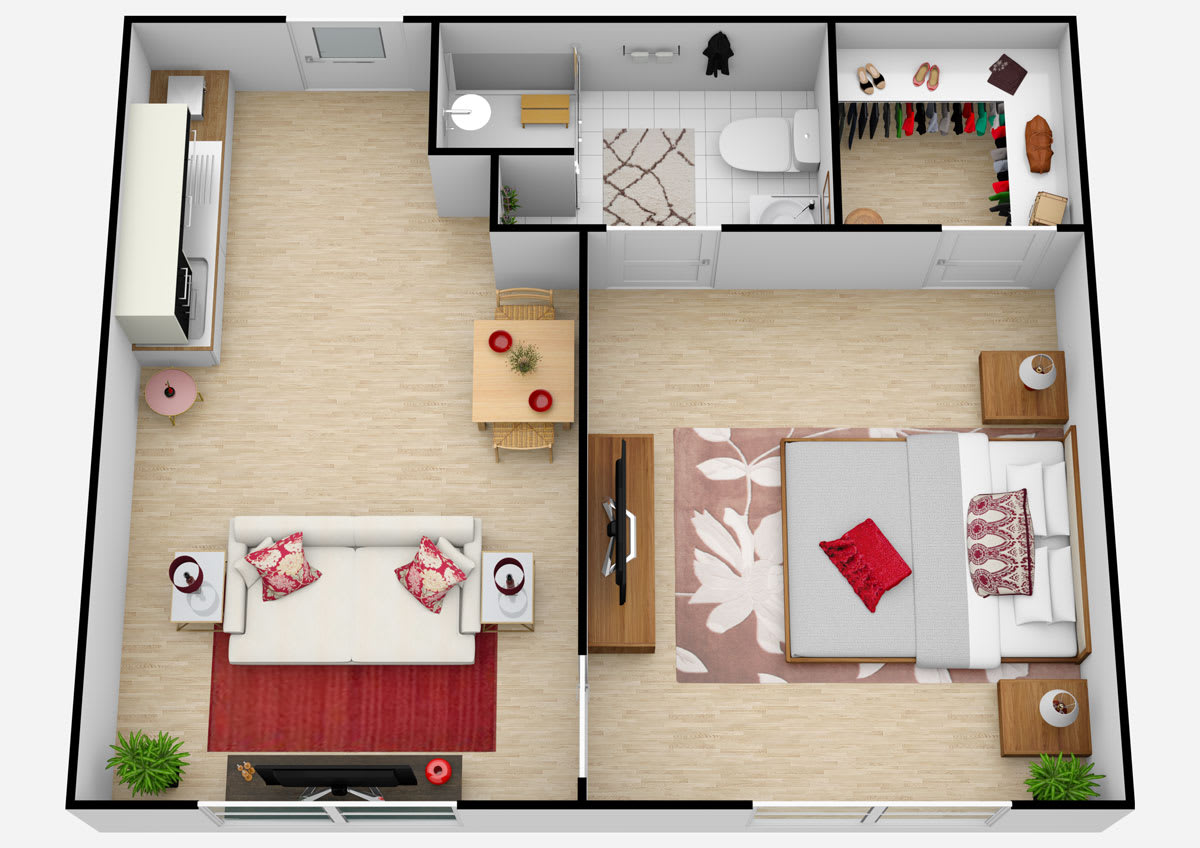 A detailed floor plan of a one-bedroom apartment with an open living area and modern furnishings.