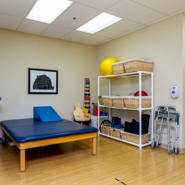 A well-equipped therapy room designed for rehabilitation and physical therapy sessions.