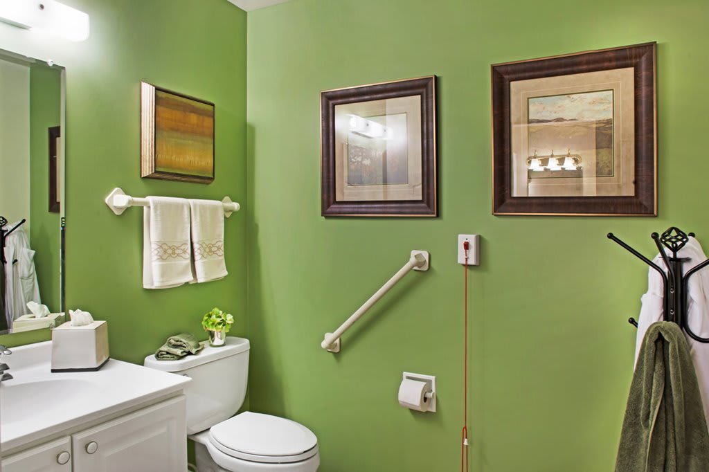 A modern bathroom with green walls featuring a toilet, grab bar, and framed art.