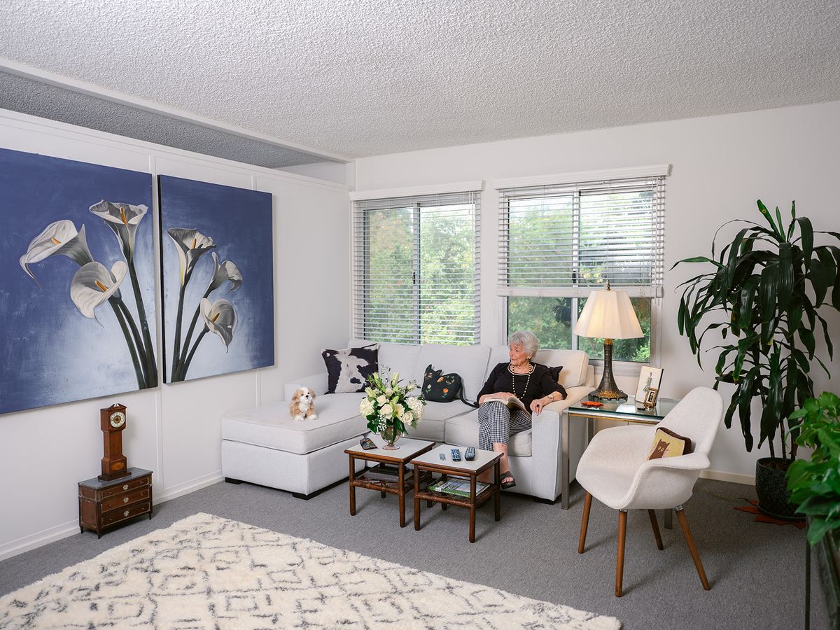 A cozy living room with modern decor, featuring a sofa, artwork on the wall, and various furnishings.