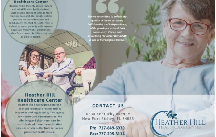 Healthcare and rehabilitation center brochure featuring contact details and elder care services.