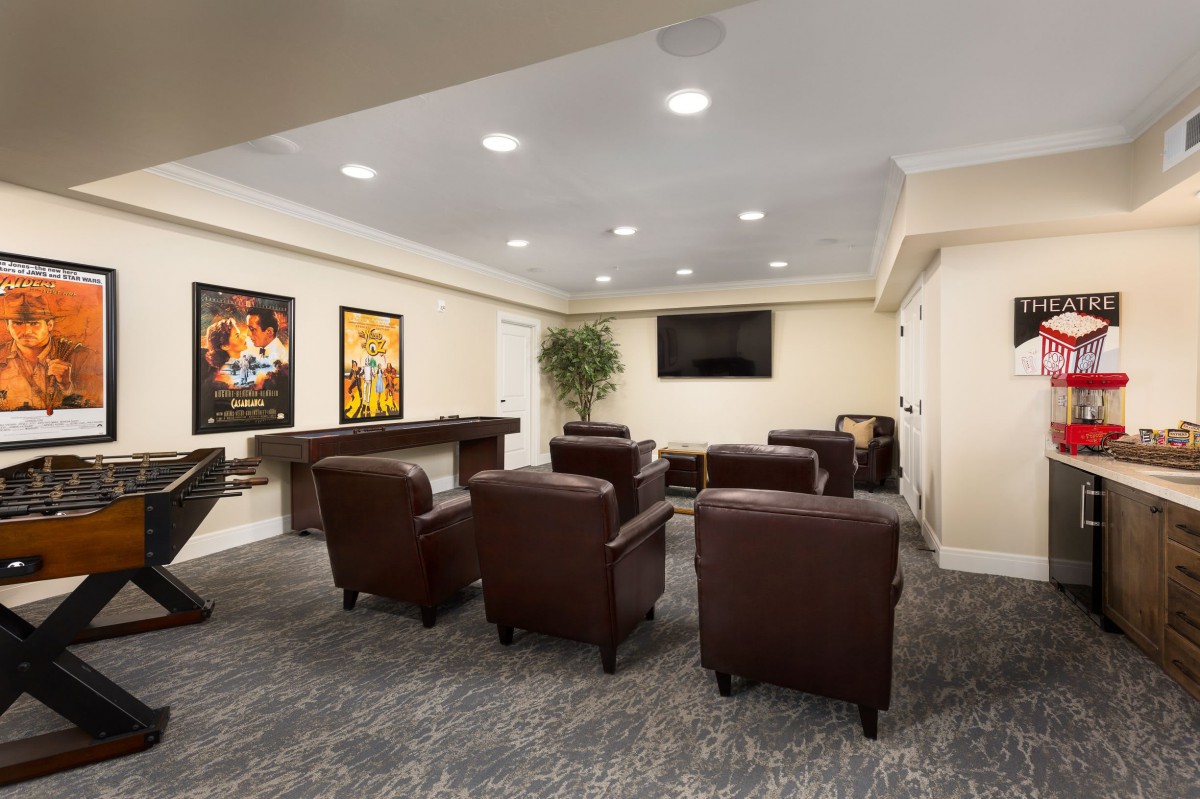 A comfortable seating area with armchairs facing a television, decorated with movie posters on the walls.