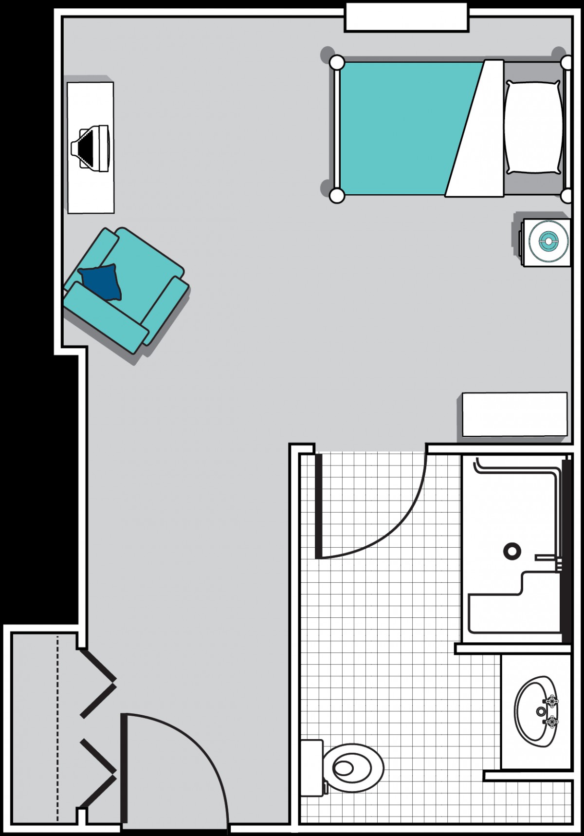 This is a floor plan of a small apartment featuring a bedroom, bathroom, and living area.