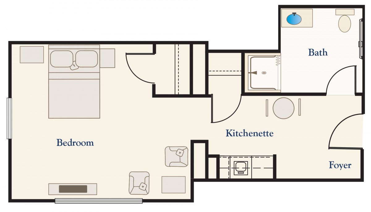 This image shows a floor plan of a studio apartment featuring a bedroom, kitchenette, and bathroom.