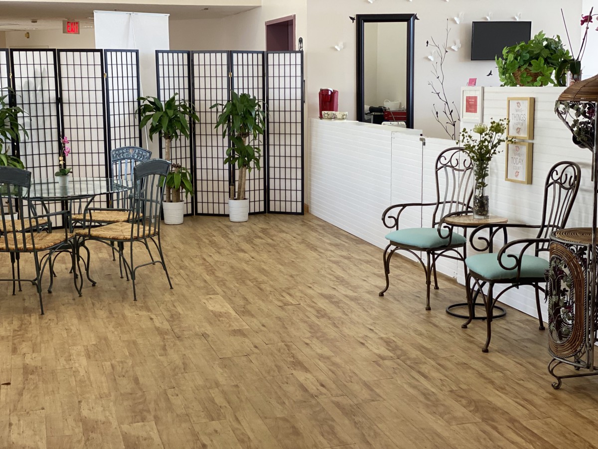 A cozy waiting room with decorative chairs, plants, and wooden flooring.