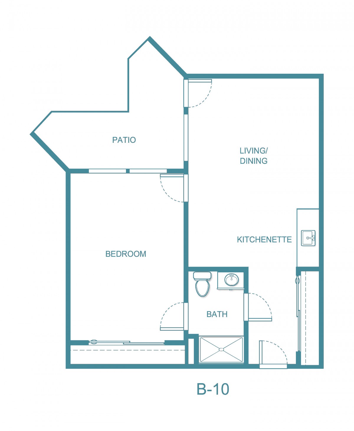 A floor plan of a one-bedroom apartment featuring a living/dining area, kitchenette, and bathroom.