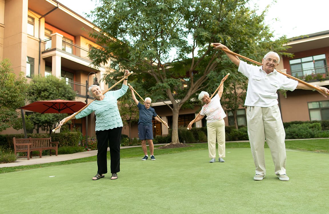 A group of seniors engaging in outdoor exercise on a grassy lawn.