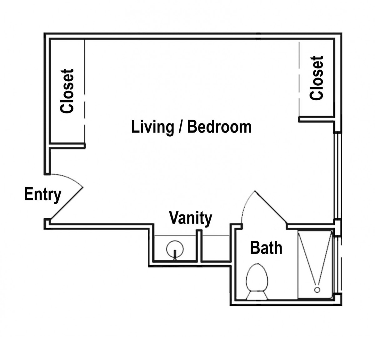 Studio apartment floor plan with living/bedroom area, two closets, entry, vanity, and bathroom.