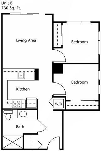 A floor plan of a two-bedroom apartment featuring a living area, kitchen, bathroom, and washer/dryer space.