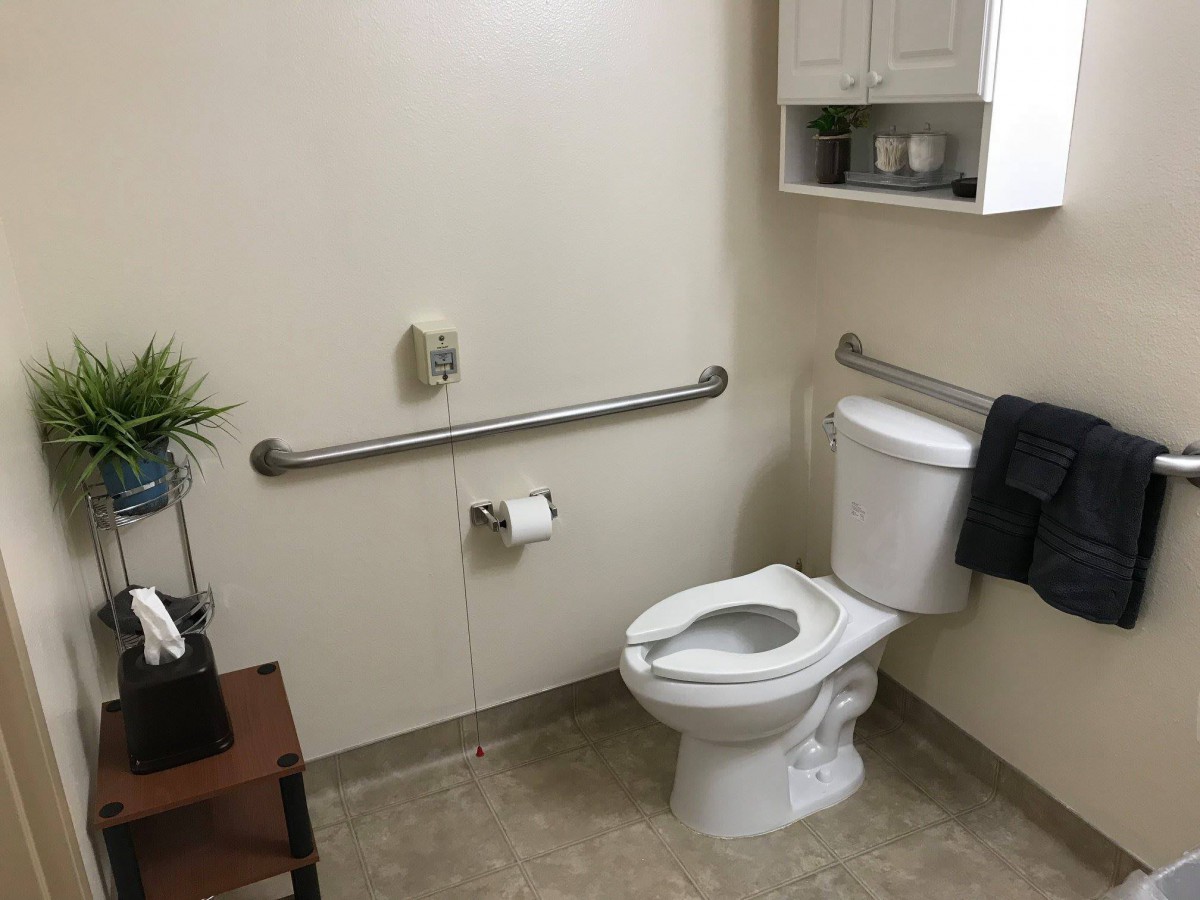 Accessible bathroom with grab bars and modern amenities.