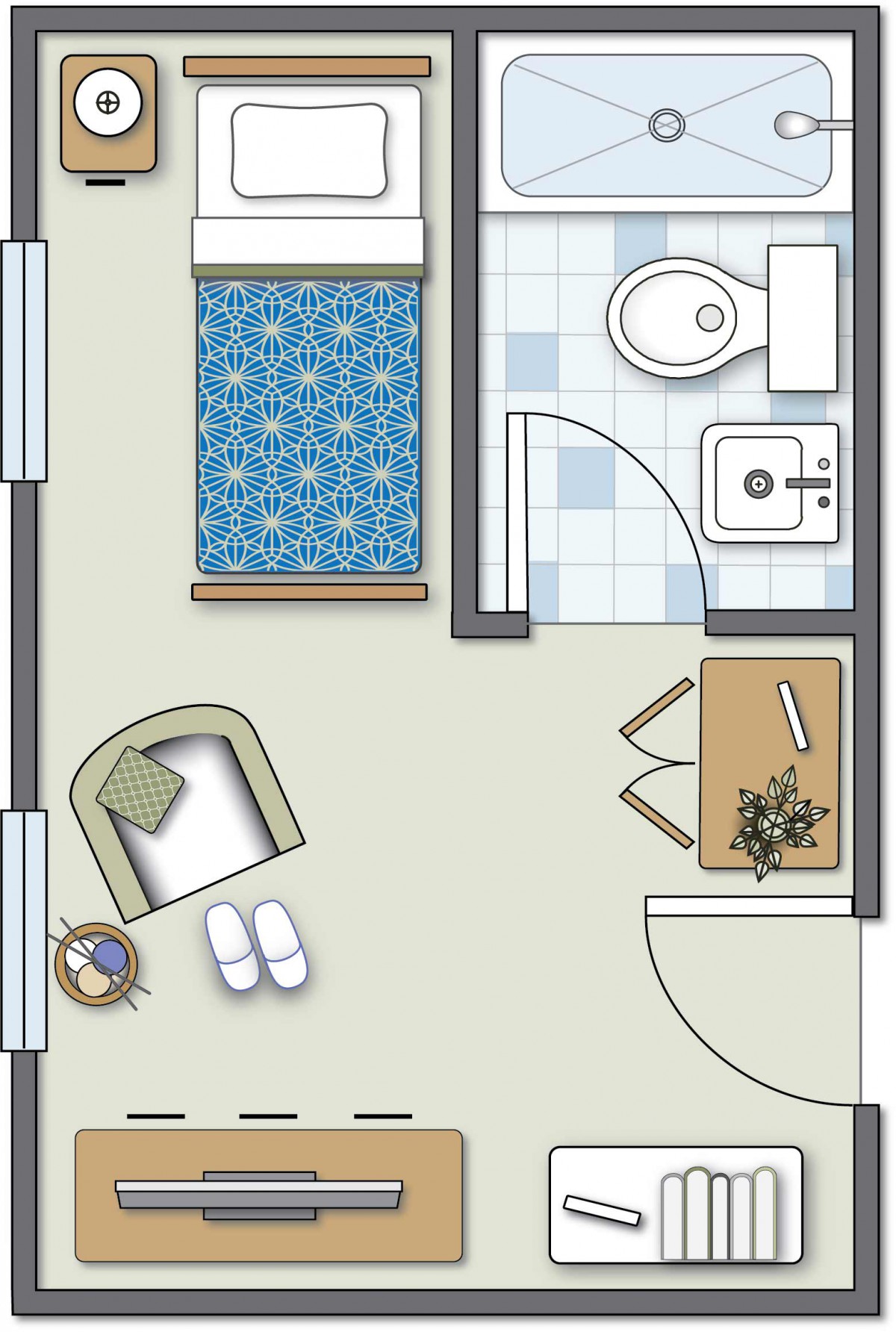 A floor plan depicting a small bedroom with an attached bathroom, featuring basic furniture and fixtures.