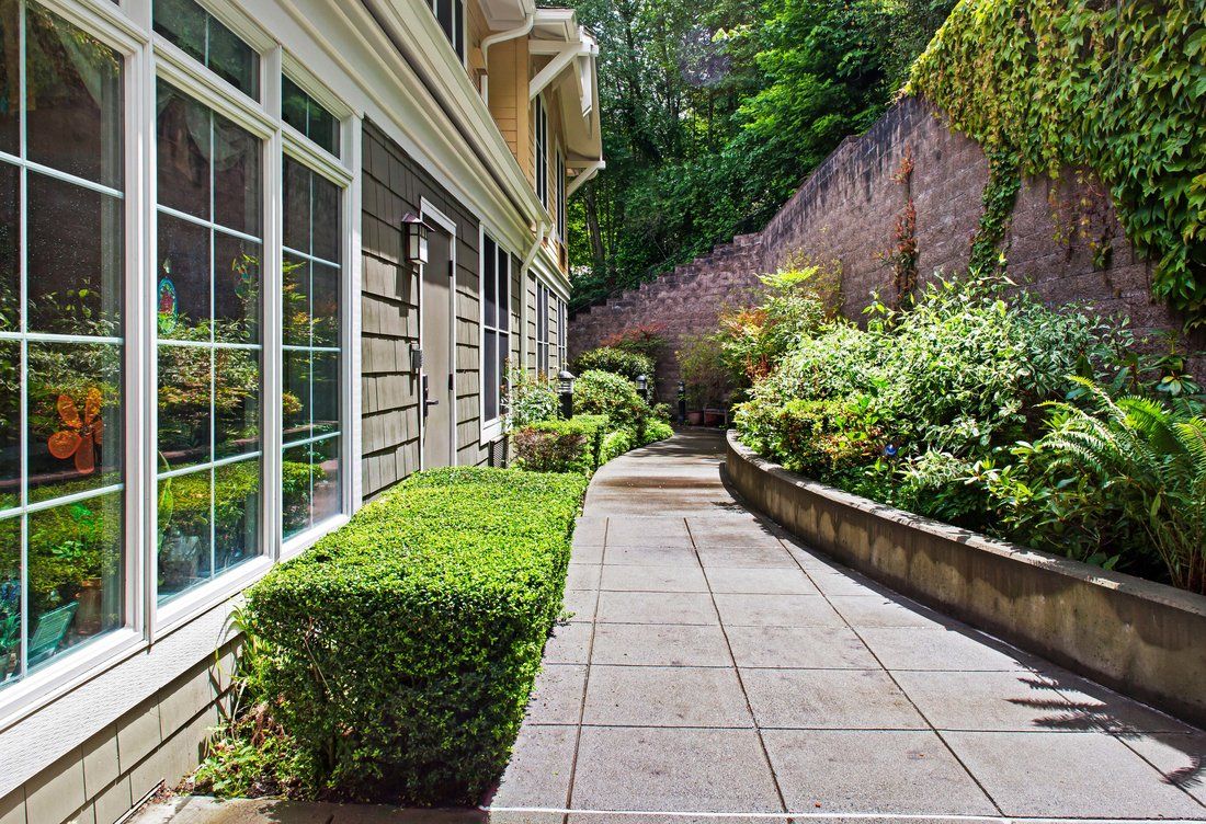 A beautifully landscaped garden path alongside a house.