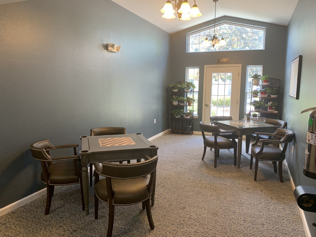 A well-lit dining area with several tables and chairs, featuring large windows and plants.