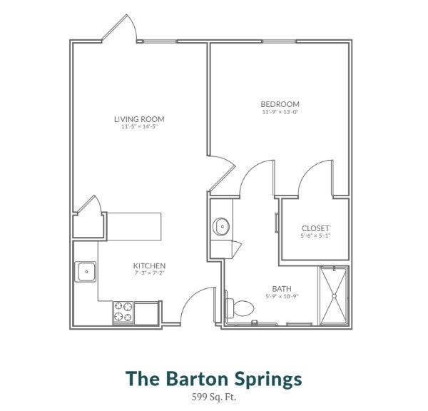 The Barton Springs one-bedroom apartment floor plan.