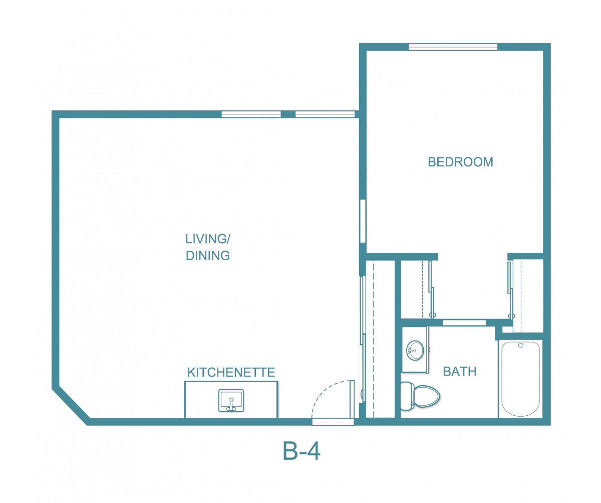 A floor plan of a one-bedroom apartment featuring a living/dining area, kitchen, and bathroom.