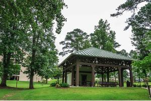 A peaceful park scene with a wooden gazebo surrounded by lush trees and greenery.