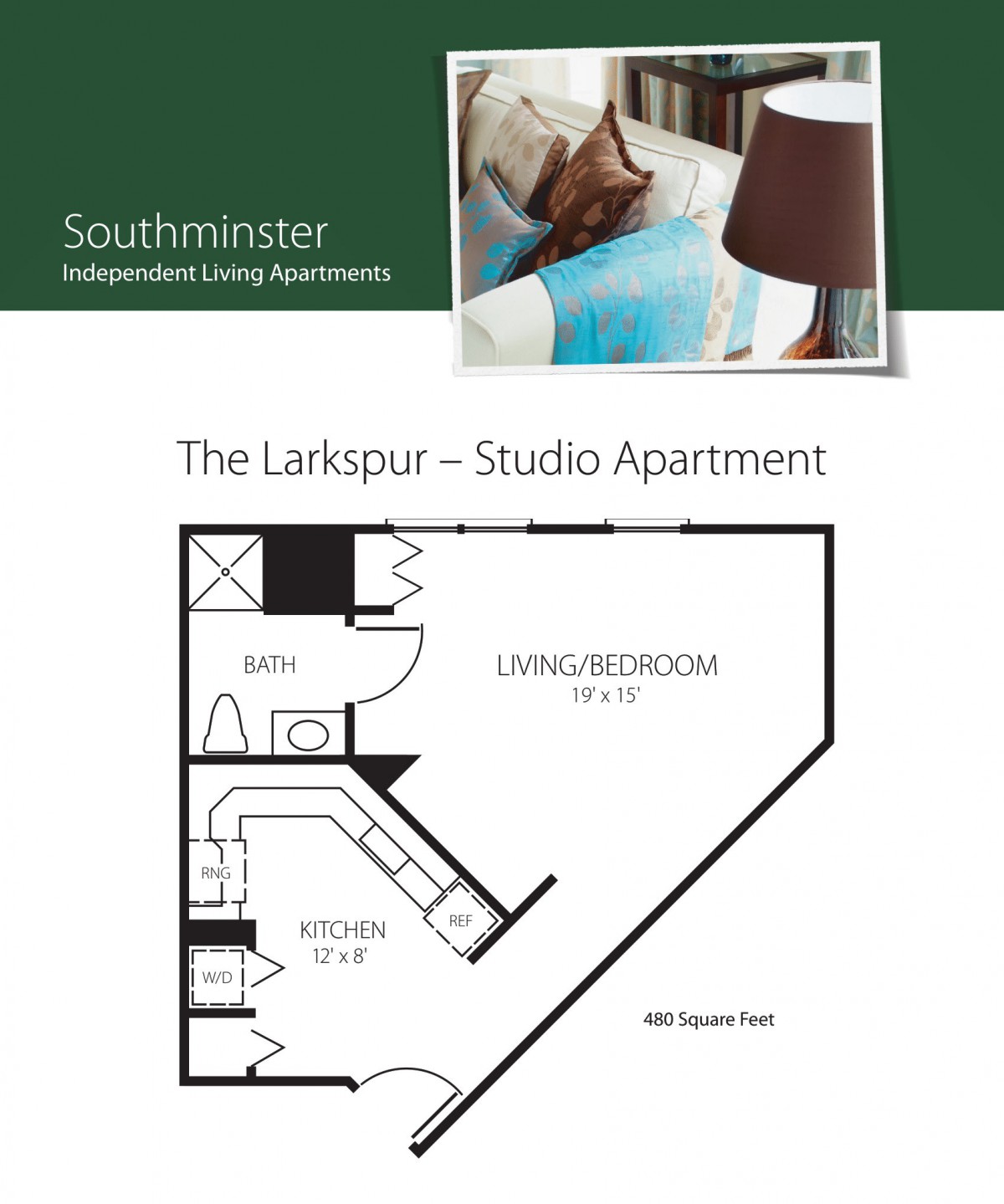Floor plan of The Larkspur studio apartment at Southminster Independent Living Apartments.