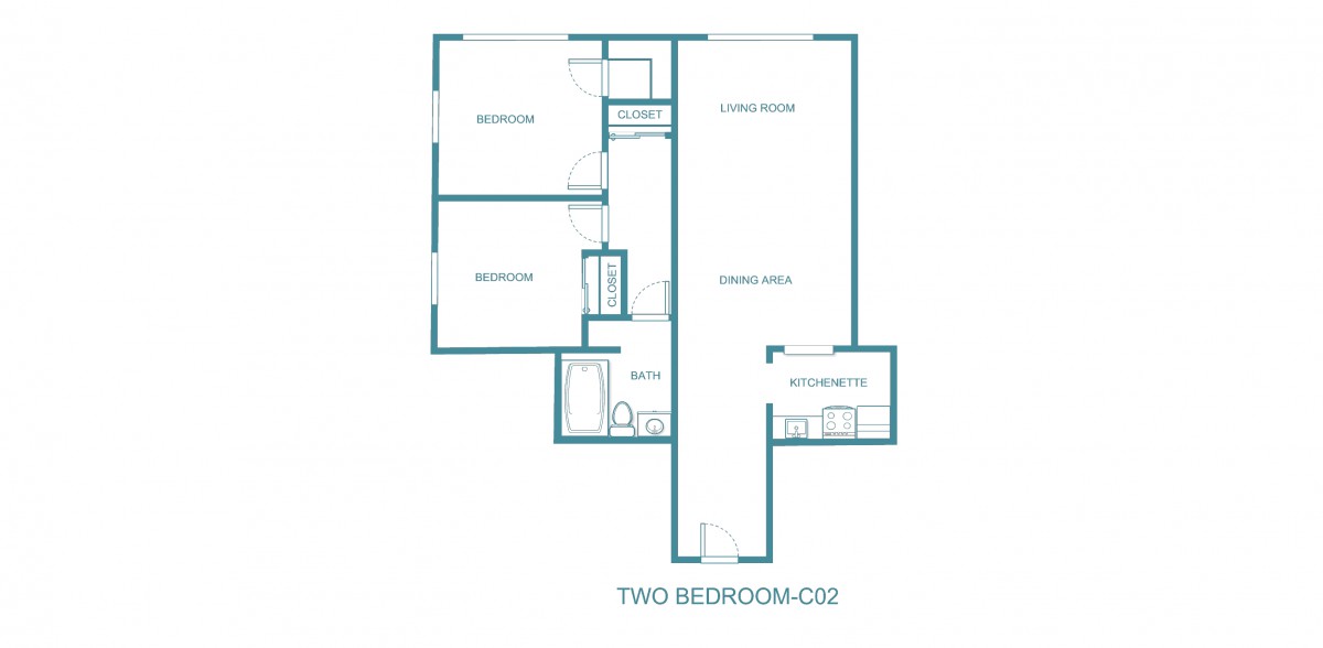 A floor plan of a two-bedroom apartment with a living room and kitchen.