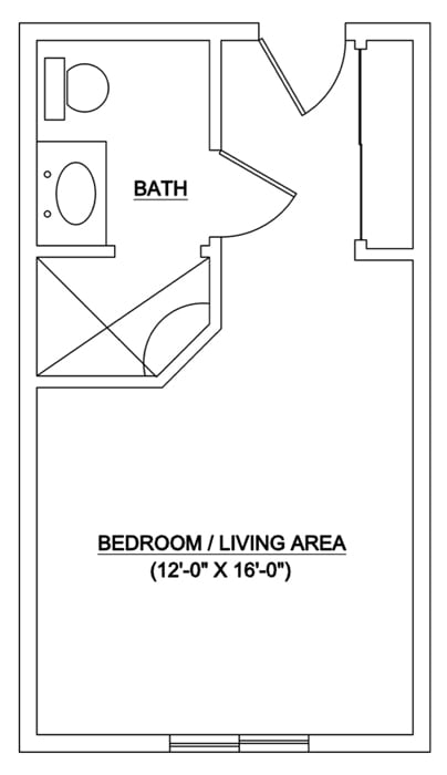 Studio apartment floor plan with a bathroom and combined bedroom/living area.