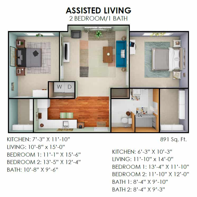 Assisted Living Floor Plan for a 3 Bedroom, 1 Bath Apartment.