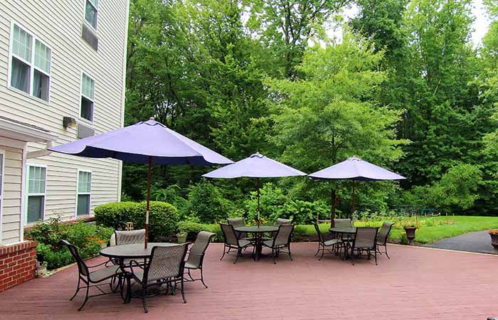 A peaceful patio area with tables, chairs, and umbrellas surrounded by lush greenery.