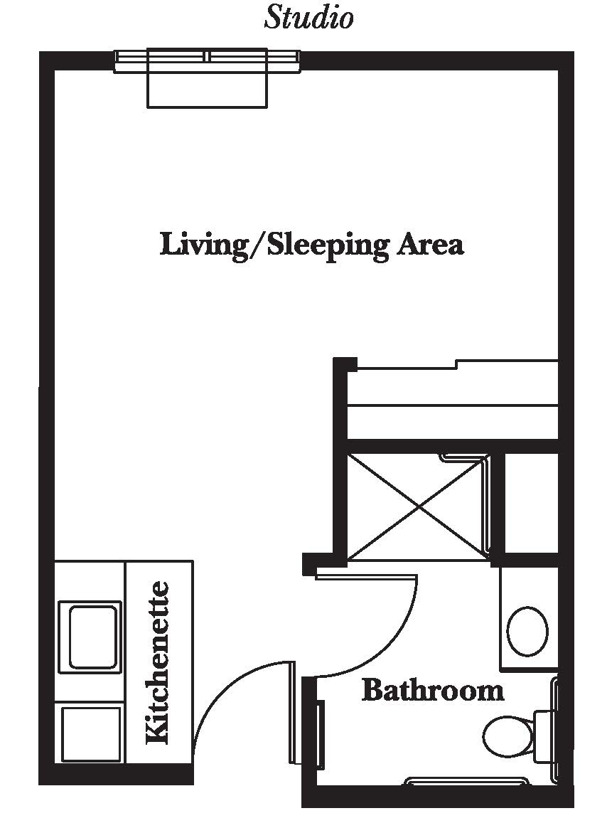 Studio apartment floor plan with a living/sleeping area, kitchenette, and bathroom.