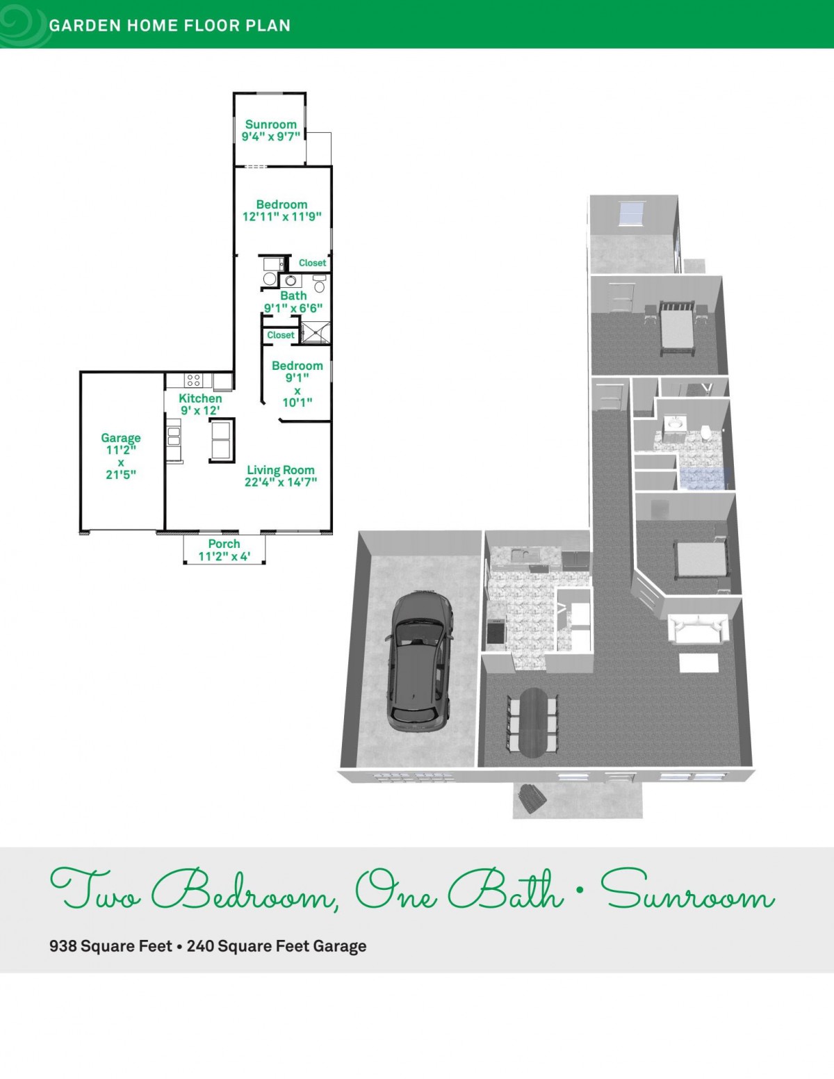 A detailed floor plan showing a two-bedroom, one-bathroom residential layout with a garage space.