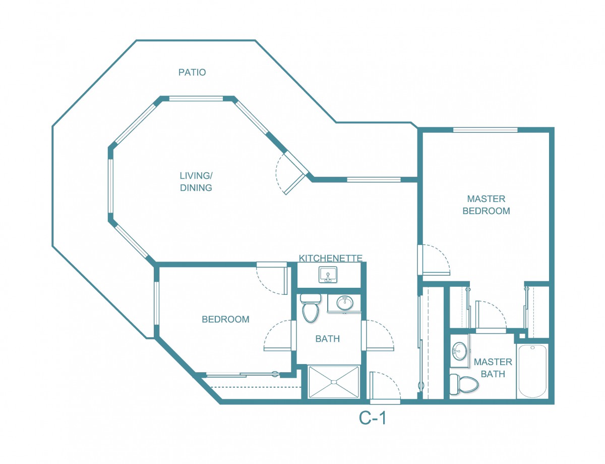 A detailed floor plan showcasing the layout of an apartment with designated areas for the living room, kitchen, bedroom, and bathrooms.