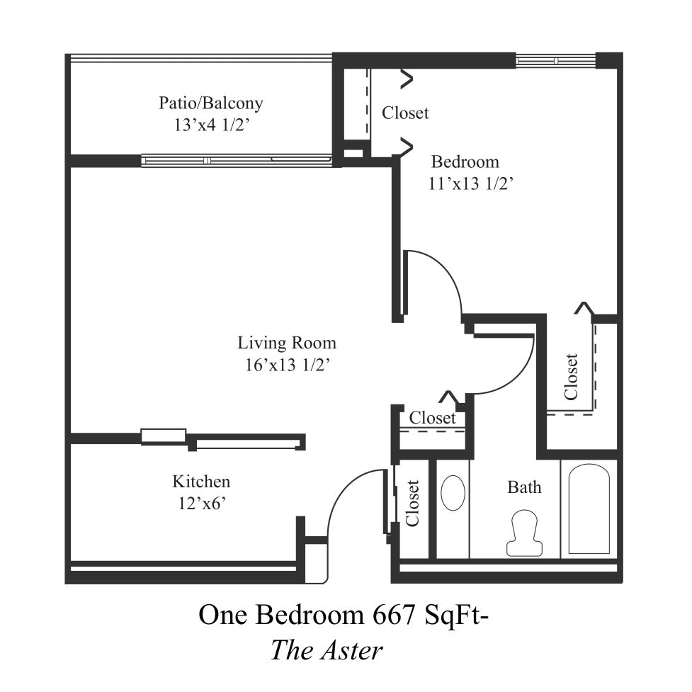 Floor plan of a one-bedroom apartment named 'The Astor', measuring 667 square feet.