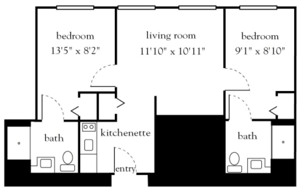 A floor plan showing the layout of an apartment with room dimensions for bedrooms, living room, kitchenette, and bathrooms.