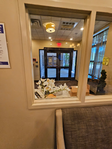 A view of the lobby entrance showcasing modern decor and a floral arrangement.