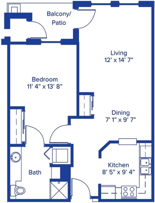 A blueprint of a one-bedroom apartment featuring a living room, dining area, kitchen, and bathroom.
