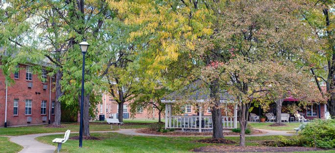 A peaceful park scene with a gazebo surrounded by trees in autumn.