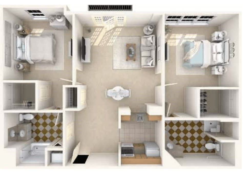 An overhead view of a two-bedroom apartment floor plan with a living room, kitchen, and bathroom.
