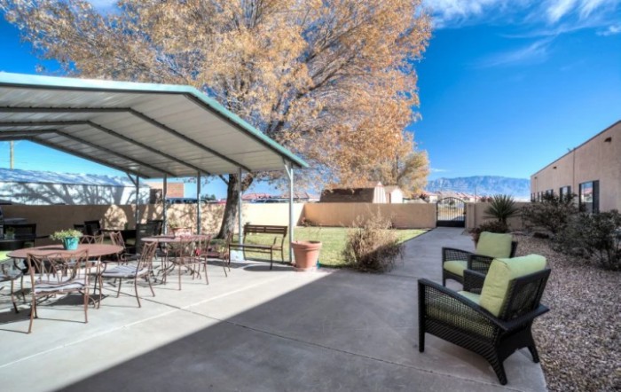 A backyard patio with outdoor seating under a canopy, surrounded by trees and set against a clear blue sky.