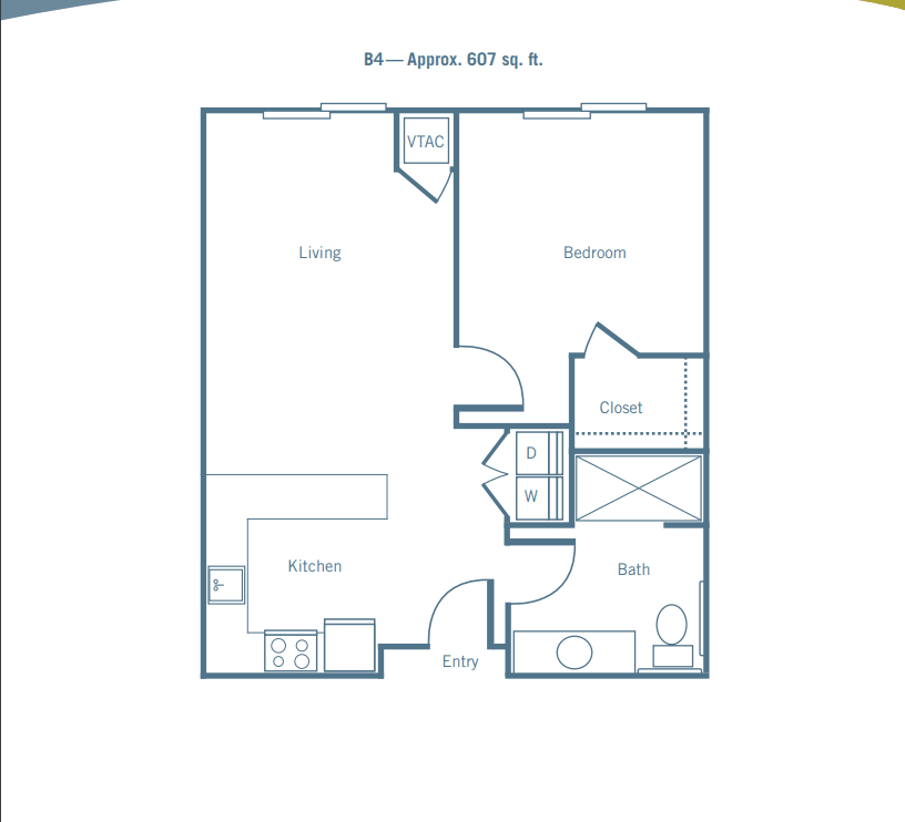 1-bedroom apartment floor plan layout.