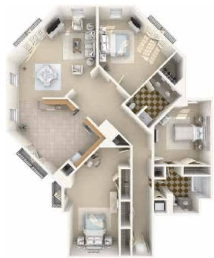 A 3D floor plan of an apartment showcasing various rooms and their arrangements.