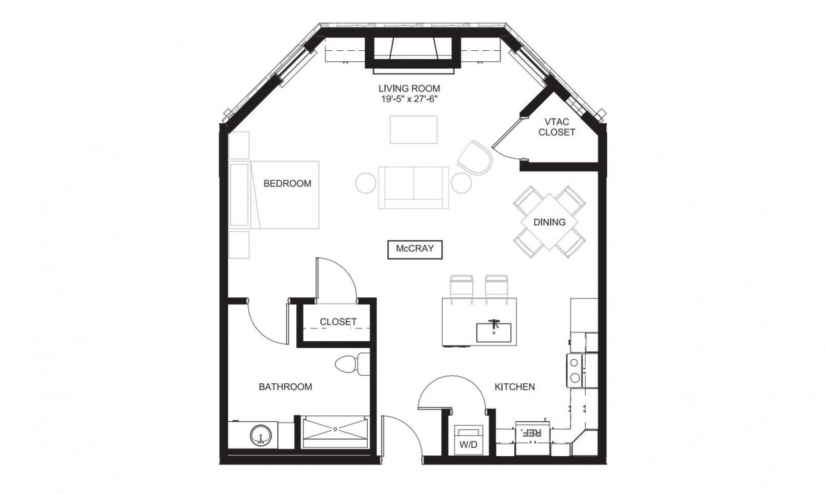 A detailed floor plan of an apartment, showcasing the layout of rooms and features.