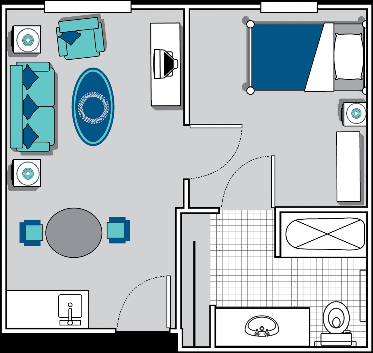 A floor plan illustrating a compact apartment with a living room, bedroom, and bathroom.