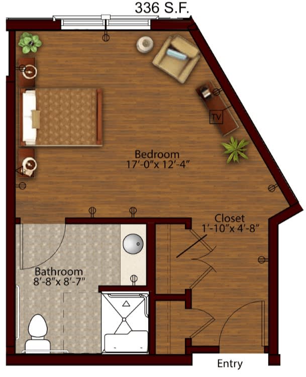 A floor plan of a one-bedroom apartment featuring wood flooring and compact living spaces.