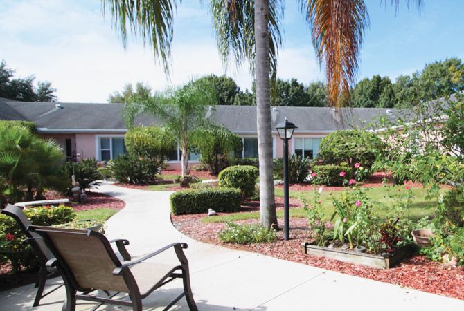 A beautifully landscaped garden with a winding pathway, palm trees, and outdoor seating under a clear blue sky.
