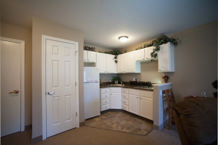A compact kitchen with white cabinets and modern appliances.