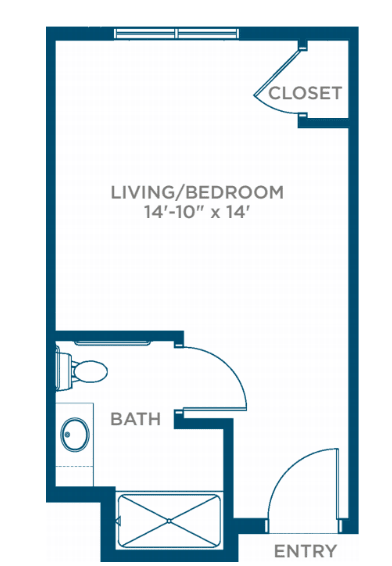 Floor plan of a studio apartment with a combined living/bedroom area, bathroom, and closet.