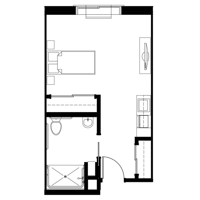 A floor plan of a studio apartment, featuring a living area, kitchen, and bathroom.