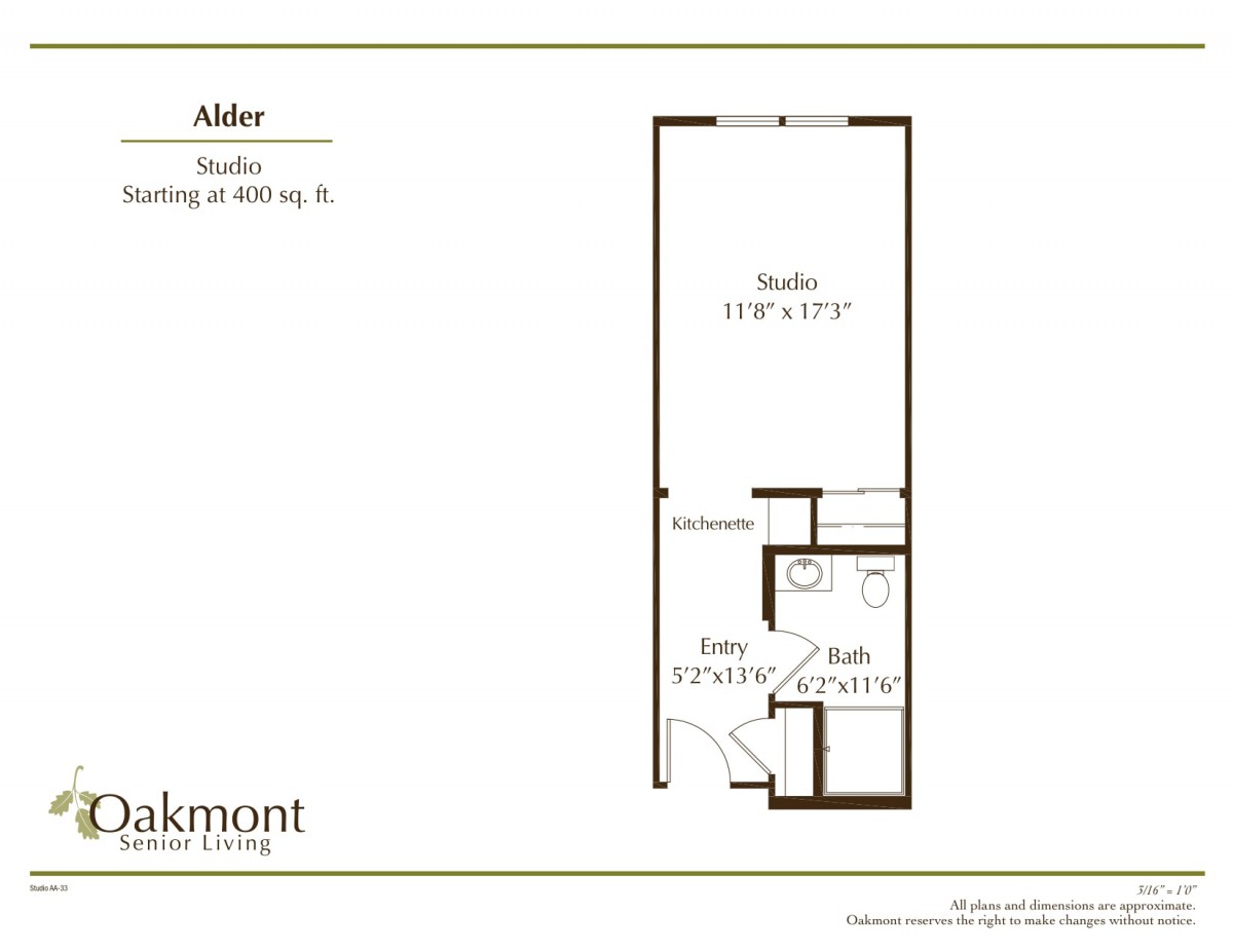 A floor plan for a studio apartment, featuring a single spacious room with an attached kitchen and bathroom.