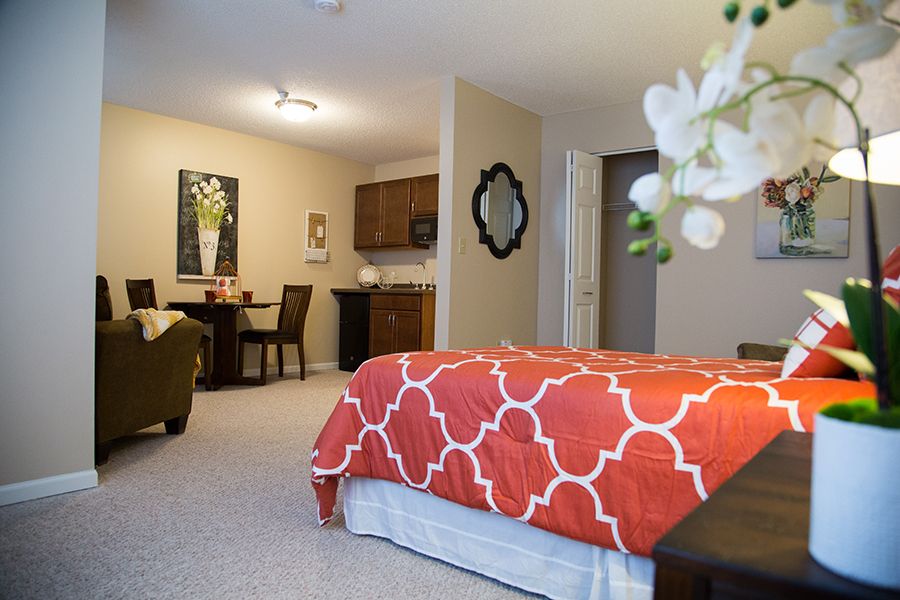 A cozy bedroom with modern decor and a vibrant bedspread.