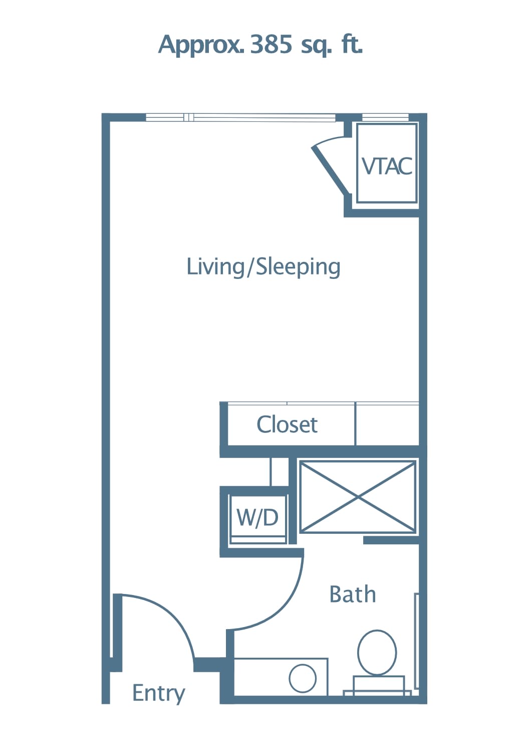 Studio apartment floor plan with a living/sleeping area, closet, washer/dryer, and bathroom.