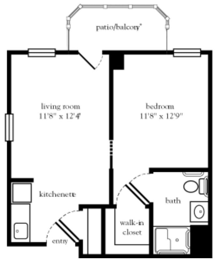 A floor plan of a one-bedroom apartment featuring a living room, kitchen, bathroom, walk-in closet, and balcony.