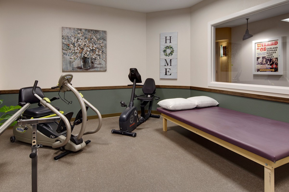 A cozy indoor workout space featuring exercise equipment and a therapy bed.