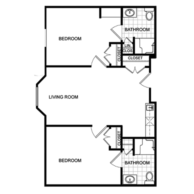 A floor plan of a two-bedroom apartment with two bathrooms and a living room.